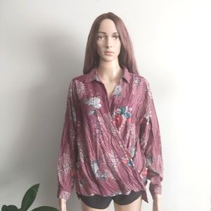 Mahila mauve purple floral blouse faux wrap blouson  long sleeves 100% modal